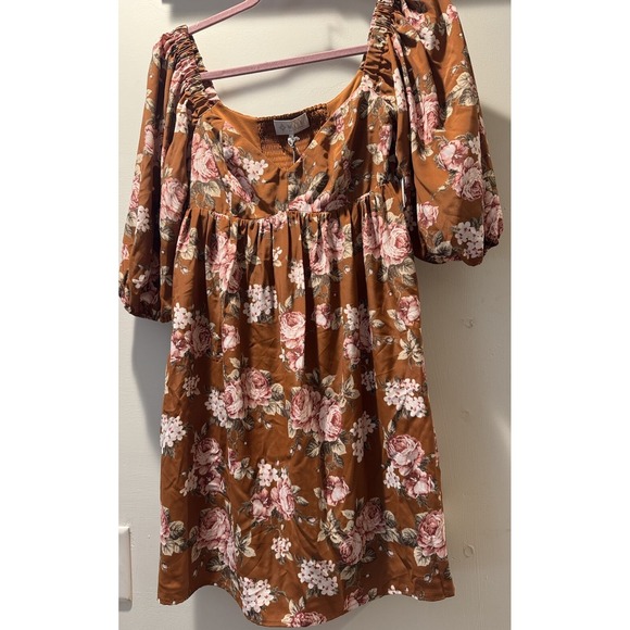 Wayf Dresses & Skirts - Wayf Womens Pecan Floral Peasant Baby Doll 3/4 Sleeve Mini Dress Sz Xs